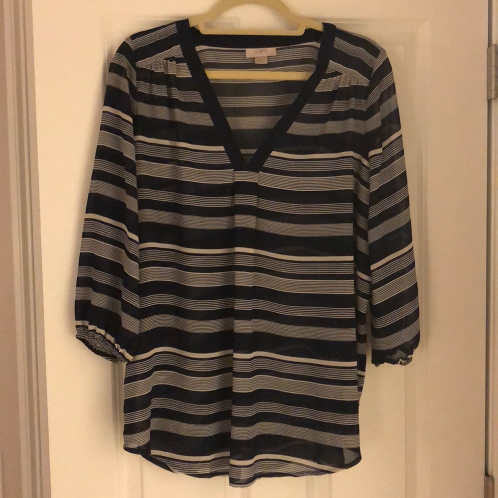 LOFT Navy & White Striped Blouse
